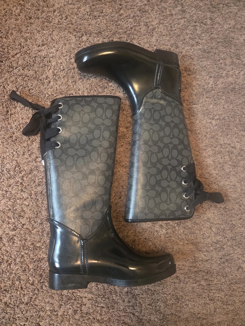 Coach Black Signature Logo Rain Boots with Lace-Up Detail